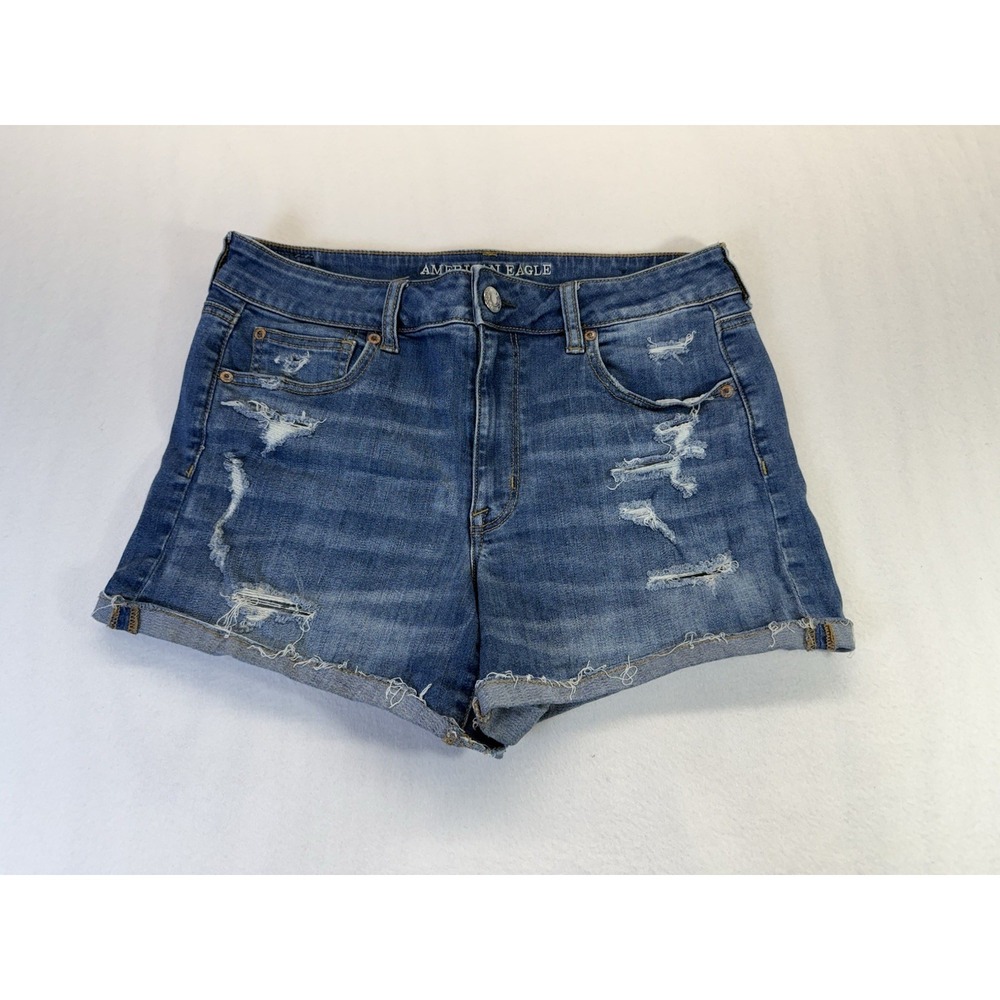 American Eagle Women Super Stretch Mid Rise Blue Denim Jean Shorts Size 14